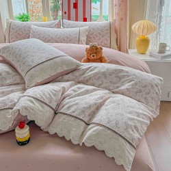 Lenjerie de Pat Premium 4 Piese, Bumbac 100%, cu Volănașe din Dantelă,Cearceaf Roz - Crem, LBB-019