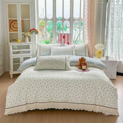 Lenjerie de Pat Premium 4 Piese, Bumbac 100%, cu Volănașe din Dantelă,Cearceaf Crem - Blue, LBB-020