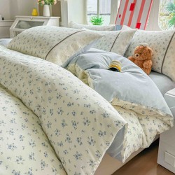 Lenjerie de Pat Premium 4 Piese, Bumbac 100%, cu Volănașe din Dantelă,Cearceaf Crem - Blue, LBB-020