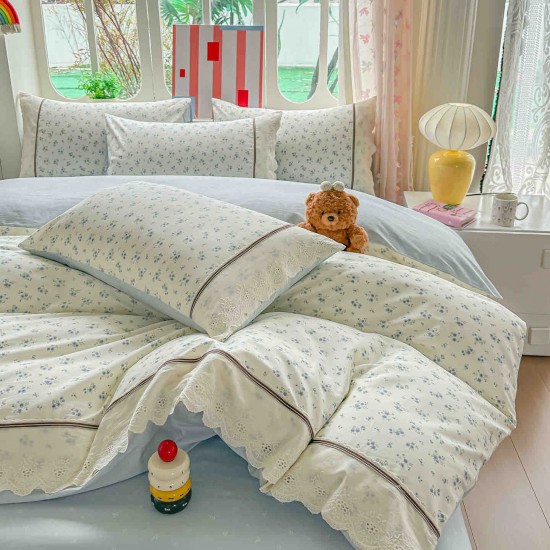 Lenjerie de Pat Premium 4 Piese, Bumbac 100%, cu Volănașe din Dantelă,Cearceaf Crem - Blue, LBB-020 Lenjerii 100% Bumbac
