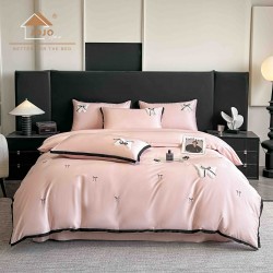 Lenjerie de Pat Premium Satin Deluxe cu Broderie Elegantă, Bumbac 100%, 4 Piese, Roz Pudrat, LBB-021