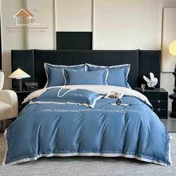 Lenjerie de Pat Premium Satin Deluxe cu Broderie Elegantă, Bumbac 100%, 4 Piese, Albastru, LBB-022
