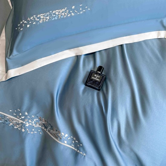 Lenjerie de Pat Premium Satin Deluxe cu Broderie Elegantă, Bumbac 100%, 4 Piese, Albastru, LBB-022 Lenjerii 100% Bumbac