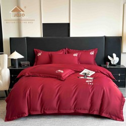 Lenjerie de Pat Premium Satin Deluxe cu Broderie Elegantă, Bumbac 100%, 4 Piese, Rosu Bordo, LBB-023