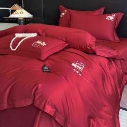 Lenjerie de Pat Premium Satin Deluxe cu Broderie Elegantă, Bumbac 100%, 4 Piese, Rosu Bordo, LBB-023