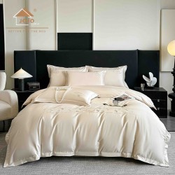 Lenjerie de Pat Premium Satin Deluxe cu Broderie Elegantă, Bumbac 100%, 4 Piese – Crem, LBB-024