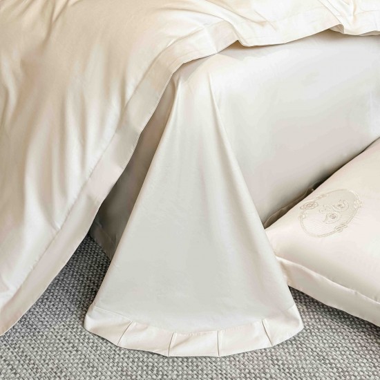 Lenjerie de Pat Premium Satin Deluxe cu Broderie Elegantă, Bumbac 100%, 4 Piese – Crem, LBB-024 Lenjerii 100% Bumbac