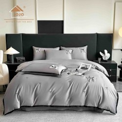 Lenjerie de Pat Premium Satin Deluxe cu Broderie Elegantă, Bumbac 100%, 4 Piese, Gri, LBB-026