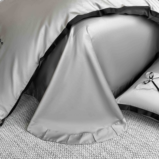 Lenjerie de Pat Premium Satin Deluxe cu Broderie Elegantă, Bumbac 100%, 4 Piese, Gri, LBB-026 Lenjerii 100% Bumbac
