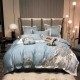 Lenjerie de Pat Premium Satin Deluxe cu Broderie Elegantă, Bumbac 100%, 4 Piese, Bleu Floral Baroc, LBB-027 Lenjerii 100% Bumbac