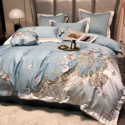 Lenjerie de Pat Premium Satin Deluxe cu Broderie Elegantă, Bumbac 100%, 4 Piese, Bleu Floral Baroc, LBB-027