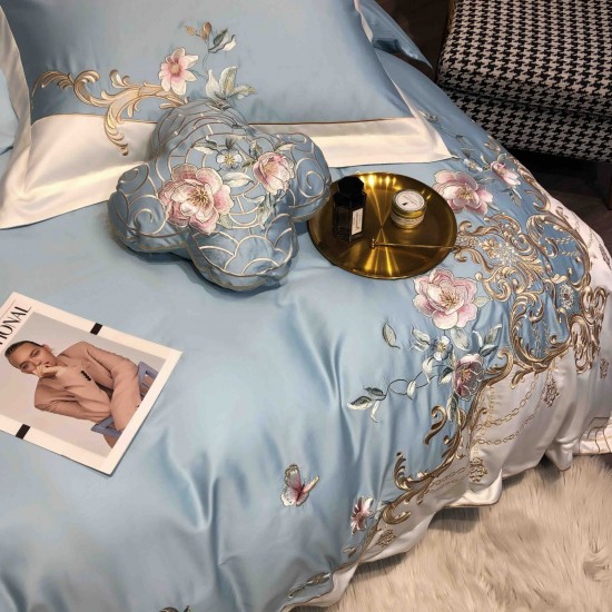 Lenjerie de Pat Premium Satin Deluxe cu Broderie Elegantă, Bumbac 100%, 4 Piese, Bleu Floral Baroc, LBB-027 Lenjerii 100% Bumbac