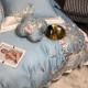 Lenjerie de Pat Premium Satin Deluxe cu Broderie Elegantă, Bumbac 100%, 4 Piese, Bleu Floral Baroc, LBB-027 Lenjerii 100% Bumbac