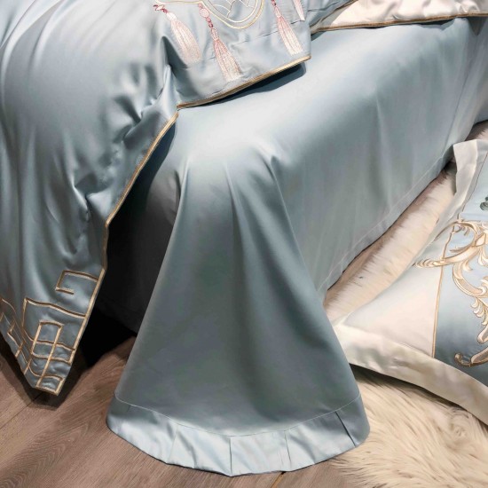 Lenjerie de Pat Premium Satin Deluxe cu Broderie Elegantă, Bumbac 100%, 4 Piese, Bleu Floral Baroc, LBB-027 Lenjerii 100% Bumbac