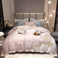 Lenjerie de Pat Premium Satin Deluxe cu Broderie Elegantă, Bumbac 100%, 4 Piese, Roz Pudrat Floral Baroc, LBB-025