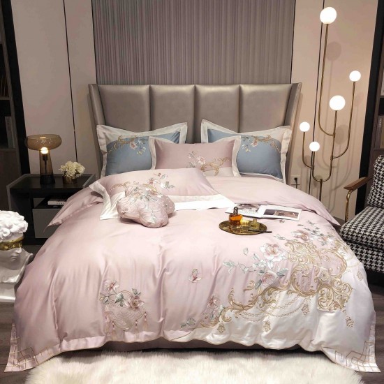Lenjerie de Pat Premium Satin Deluxe cu Broderie Elegantă, Bumbac 100%, 4 Piese, Roz Pudrat Floral Baroc, LBB-025 Lenjerii 100% Bumbac