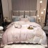 Lenjerie de Pat Premium Satin Deluxe cu Broderie Elegantă, Bumbac 100%, 4 Piese, Roz Pudrat Floral Baroc, LBB-025