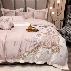 Lenjerie de Pat Premium Satin Deluxe cu Broderie Elegantă, Bumbac 100%, 4 Piese, Roz Pudrat Floral Baroc, LBB-025