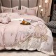 Lenjerie de Pat Premium Satin Deluxe cu Broderie Elegantă, Bumbac 100%, 4 Piese, Roz Pudrat Floral Baroc, LBB-025 Lenjerii 100% Bumbac