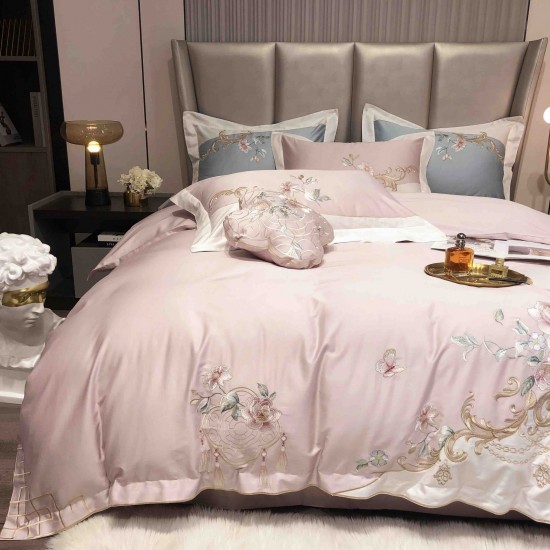 Lenjerie de Pat Premium Satin Deluxe cu Broderie Elegantă, Bumbac 100%, 4 Piese, Roz Pudrat Floral Baroc, LBB-025 Lenjerii 100% Bumbac