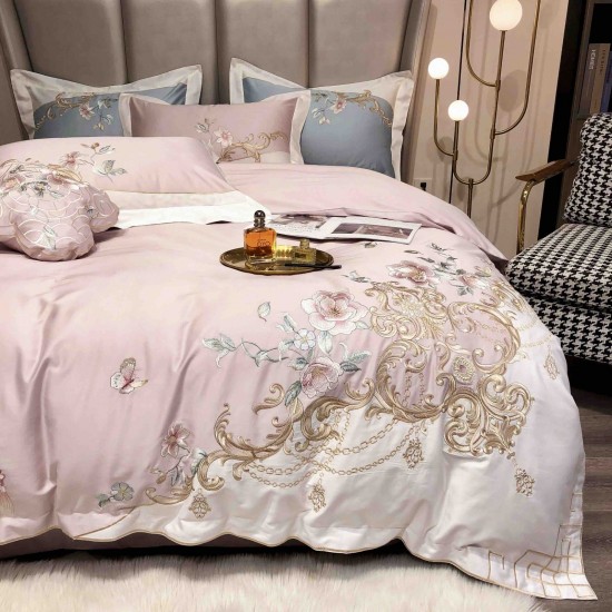Lenjerie de Pat Premium Satin Deluxe cu Broderie Elegantă, Bumbac 100%, 4 Piese, Roz Pudrat Floral Baroc, LBB-025 Lenjerii 100% Bumbac
