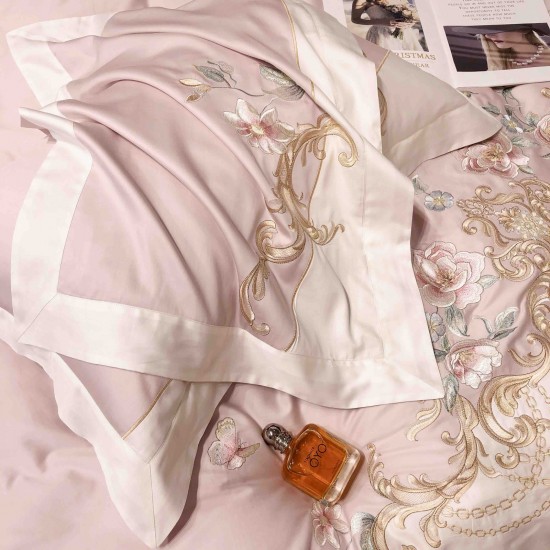 Lenjerie de Pat Premium Satin Deluxe cu Broderie Elegantă, Bumbac 100%, 4 Piese, Roz Pudrat Floral Baroc, LBB-025 Lenjerii 100% Bumbac