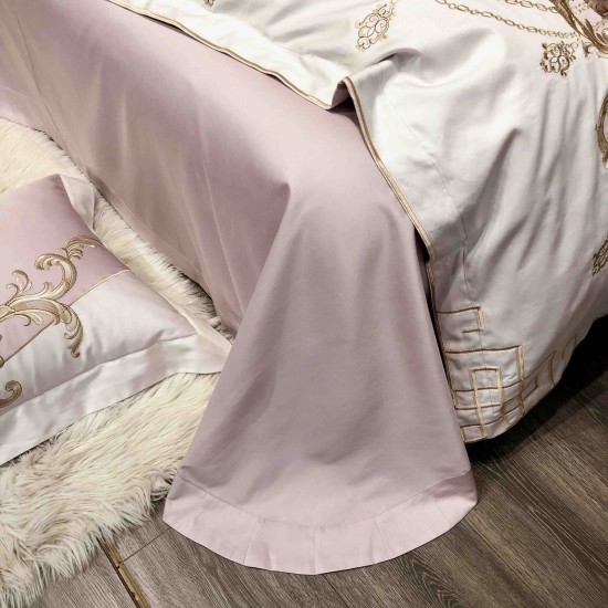 Lenjerie de Pat Premium Satin Deluxe cu Broderie Elegantă, Bumbac 100%, 4 Piese, Roz Pudrat Floral Baroc, LBB-025 Lenjerii 100% Bumbac