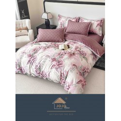 Set Lenjerie Pat Dublu 6 Piese cu Cearșaf cu Elastic – Bumbac Finet, Model Floral Roz Pudrat, LDE-206