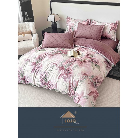 Set Lenjerie Pat Dublu 6 Piese cu Cearșaf cu Elastic – Bumbac Finet, Model Floral Roz Pudrat, LDE-206 Lenjerii Finet 6 piese cu ELASTIC
