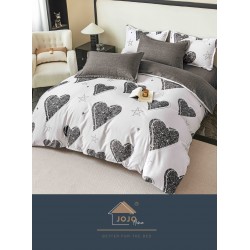 Lenjerie Pat Dublu 6 Piese cu Cearșaf cu Elastic – Bumbac Finet, Model Inimi Negru - Alb, LDE-207