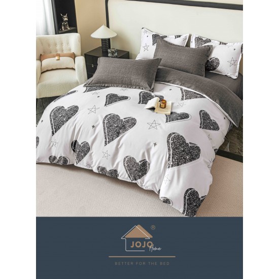 Lenjerie Pat Dublu 6 Piese cu Cearșaf cu Elastic – Bumbac Finet, Model Inimi Negru - Alb, LDE-207 Lenjerii Finet 6 piese cu ELASTIC