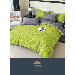 Lenjerie Pat Dublu 6 Piese cu Cearșaf cu Elastic – Bumbac Finet, Model Abstract Verde Lime și Gri, LDE-204