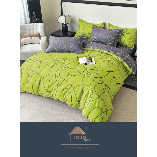Lenjerie Pat Dublu 6 Piese cu Cearșaf cu Elastic – Bumbac Finet, Model Abstract Verde Lime și Gri, LDE-204 Lenjerii Finet 6 piese cu ELASTIC