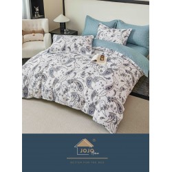 Lenjerie Pat Dublu 6 Piese cu Cearșaf cu Elastic – Bumbac Finet, Model Ornamental Turcoaz, LDE-201