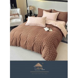 Lenjerie Pat Dublu 6 Piese cu Cearșaf cu Elastic – Bumbac Finet, Model cu Buline Maro și Bej, LDE-163