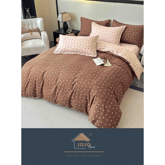 Lenjerie Pat Dublu 6 Piese cu Cearșaf cu Elastic – Bumbac Finet, Model cu Buline Maro și Bej, LDE-163 Lenjerii Finet 6 piese cu ELASTIC