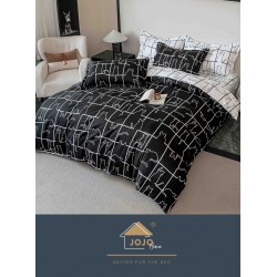 Lenjerie Pat Dublu 6 Piese cu Cearșaf cu Elastic – Bumbac Finet, Model Pisicuțe Alb-Negru, LDE-009