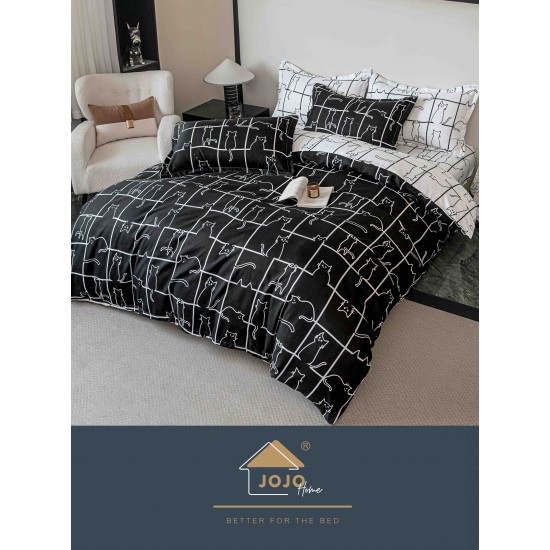 Lenjerie Pat Dublu 6 Piese cu Cearșaf cu Elastic – Bumbac Finet, Model Pisicuțe Alb-Negru, LDE-009 Lenjerii Finet 6 piese cu ELASTIC