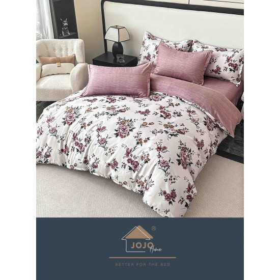 Lenjerie Pat Dublu 6 Piese cu Cearșaf cu Elastic – Bumbac Finet, Model Floral Roz Pudrat, LDE-007 Lenjerii Finet 6 piese cu ELASTIC
