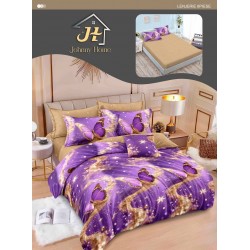 Lenjerie Pat Dublu 6 Piese cu Cearșaf cu Elastic – Bumbac Finet, Model Fluturi Mov cu Auriu, LDE-003