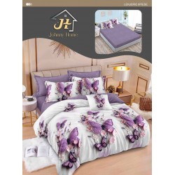 Lenjerie Pat Dublu 6 Piese cu Cearșaf cu Elastic – Bumbac Finet, Model Fluturi Mov și Flori Roz, LDE-005
