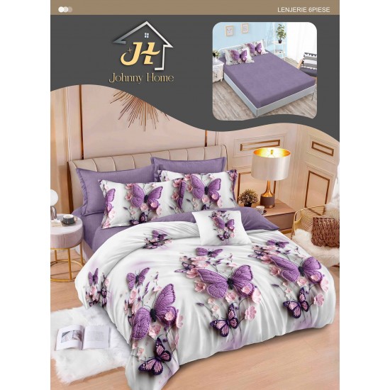 Lenjerie Pat Dublu 6 Piese cu Cearșaf cu Elastic – Bumbac Finet, Model Fluturi Mov și Flori Roz, LDE-005 Lenjerii Finet 6 piese cu ELASTIC