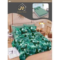 Lenjerie Pat Dublu 6 Piese cu Cearșaf cu Elastic – Bumbac Finet, Model Fluturi Verzi Smarald, LDE-006
