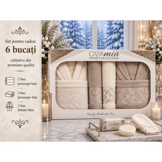 Set Cadou Baie 6 Piese pentru Cuplu – Halate de Baie și Prosoape Elegante, HBC-057 Halate de baie