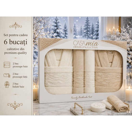 Set Cadou Baie 6 Piese pentru Cuplu – Halate de Baie și Prosoape Elegante, HBC-058 Halate de baie