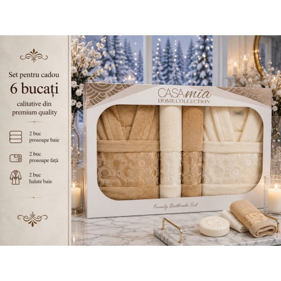 Set Cadou Baie 6 Piese pentru Cuplu – Halate de Baie și Prosoape Elegante, HBC-070 Halate de baie