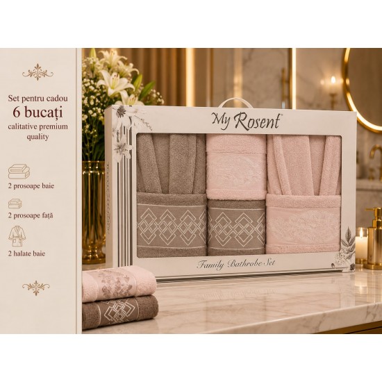 Set Cadou Baie 6 Piese pentru Cuplu – Halate de Baie și Prosoape Elegante, HBC-071 Halate de baie