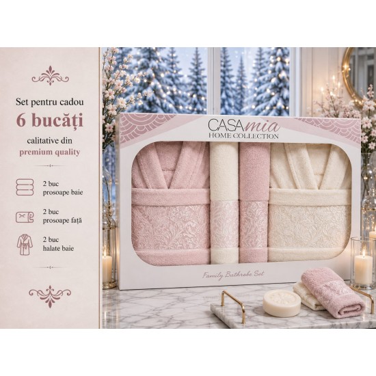 Set Cadou Baie 6 Piese pentru Cuplu – Halate de Baie și Prosoape Elegante, HBC-074 Halate de baie