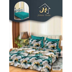 Lenjerie Pat Dublu 7 Piese Bumbac Satinat cu 2 Huse Pilotă - Model Valuri Smarald, LFS-059