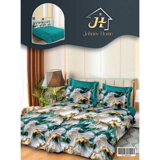 Lenjerie Pat Dublu 7 Piese Bumbac Satinat cu 2 Huse Pilotă - Model Valuri Smarald, LFS-059 Lenjerii Bumbac Satinat Superior